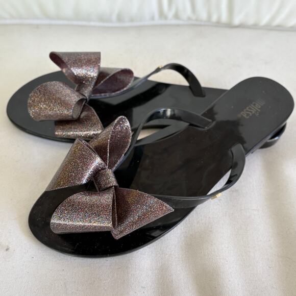 Melissa Harmonic Bow III Flip Flop 8 Black Sparkle Sandal Beach Resort Cruise - Picture 3 of 6